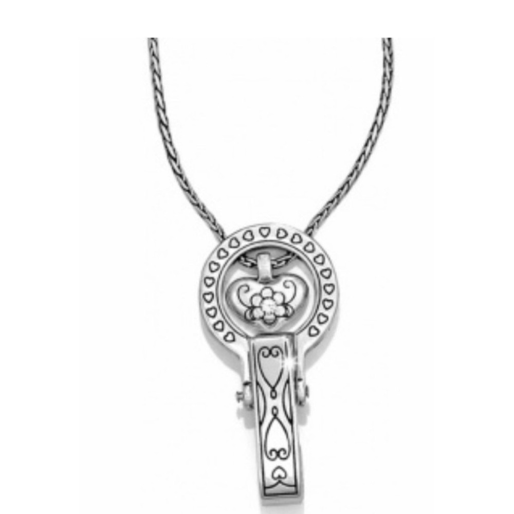 Brighton Silver Tone Heart Scrollwork Badge Clip ID Holder Necklace Long Chain